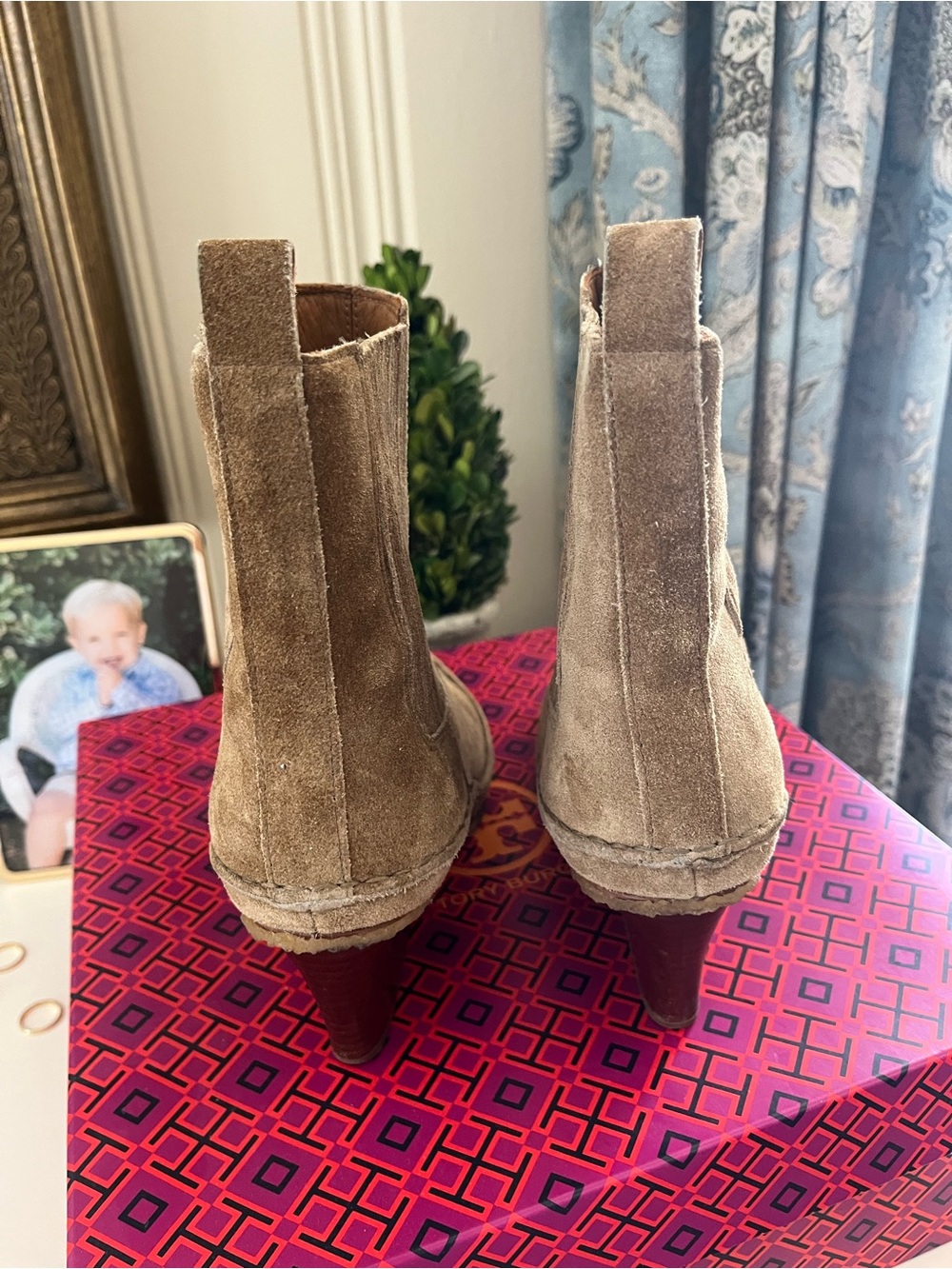 Tory Burch Taupe Suede Pointed Chelsea Booties - Picture 4 of 7